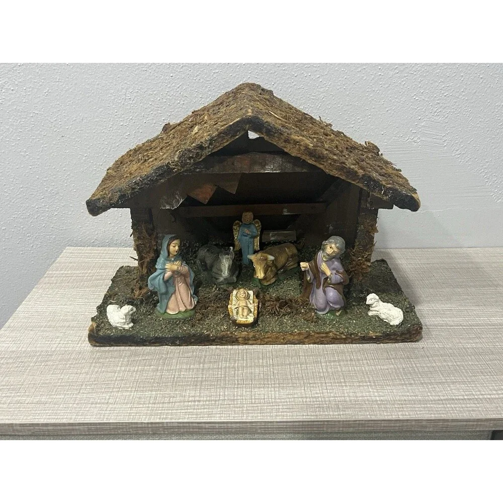 Vintage Nativity Set Wooden Manger Creche Stable Moss Roof Made in Italy